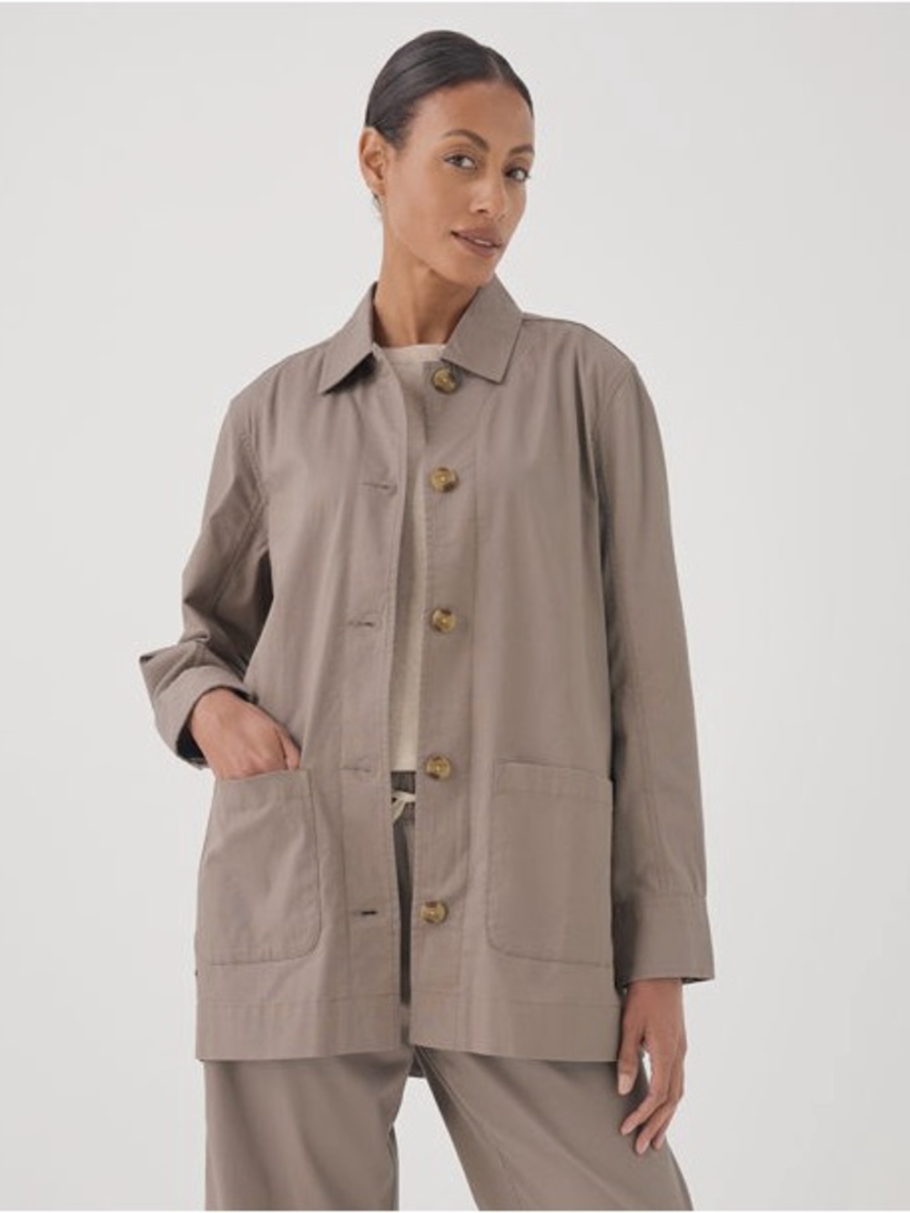 NWOT Pact Sz S Daily Twill Oversized Lightweight Button Down Shacket in Cinder